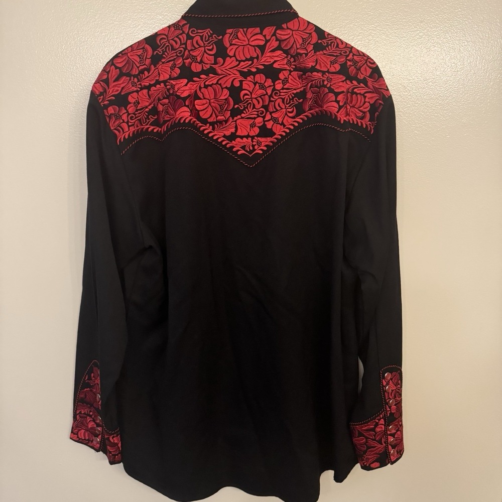 Scully Gunfighter Western Snap Front Shirt Men's L Black/ Red Floral Embroidery - Picture 7 of 12